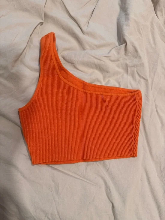 Sculpt Knit One-Shoulder Ribbed Crop Top - Orange - Picture 2 of 5